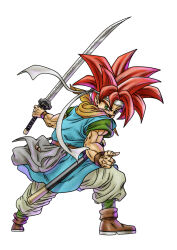  1boy baggy_pants blue_tunic boots brown_boots chrono_trigger crono_(chrono_trigger) fighting_stance full_body furrowed_brow green_eyes green_shirt green_socks gvdygdu headband holding holding_sword holding_weapon katana male_focus muscular muscular_male open_mouth pants red_hair shirt socks solo spiky_hair sword toriyama_akira_(style) tunic weapon white_background white_headband white_pants 