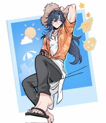  1boy ^_^ alternate_costume arm_up ashveil_(honkai:_star_rail) beach_umbrella black_nails closed_eyes clouds colored_speech_bubble commentary full_body grey_pants hat hawaiian_shirt heart highres honkai:_star_rail honkai_(series) looking_to_the_side male_focus nail_polish open_clothes open_shirt orange_shirt pants romevey sandals shirt sideways_glance solo speech_bubble straw_hat sun umbrella untranslatable_commentary white_shirt 