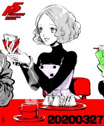  3girls arm_out_of_frame black_shirt chair copyright_name cup curly_hair dress food frilled_sleeves frills grin holding holding_food holding_sandwich long_sleeves looking_at_another medium_hair mug multiple_girls niijima_makoto numbered official_art okumura_haru on_chair partially_colored persona persona_5 pink_dress pink_eyes plate red_mug saitou_rokuro sakura_futaba sandwich shirt signature simple_background smile table turtleneck turtleneck_shirt 
