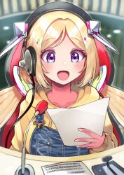  1girl :d @-you_(you_2023_8_16) aki_rosenthal alternate_costume blonde_hair blue_overalls blush bob_cut commentary_request denim denim_overalls facing_viewer fisheye headgear headphones highres holding holding_paper hololive hood hood_down hoodie indoors long_hair looking_at_object low_twintails microphone naturally_detached_hair open_mouth overalls paper parted_bangs pov_across_table reading script smile solo studio_microphone twintails upper_body violet_eyes virtual_youtuber yellow_hoodie 