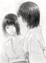  2girls bob_cut closed_mouth commentary_request fatal_frame fatal_frame_ii:_crimson_butterfly flower from_side gradient_background grey_background greyscale highres kurosawa_sae kurosawa_yae light_particles light_smile long_sleeves looking_ahead looking_at_another looking_to_the_side monochrome multiple_girls obi obijime parted_lips profile right-over-left_kimono sash short_hair siblings sisters twins two-tone_background upper_body white_background yu_(cztd3454) 