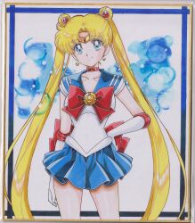  1girl absurdres back_bow bishoujo_senshi_sailor_moon blonde_hair blue_background blue_border blue_eyes blue_sailor_collar blue_skirt border bow breasts bubble_background chikoto_(kztc4472) choker closed_mouth collarbone commentary cowboy_shot crescent crescent_choker crescent_earrings double_bun earrings elbow_gloves gem gloves gold_tiara hair_bun hair_ornament hand_on_own_hip highres jewelry leotard lone_nape_hair long_hair looking_at_viewer magical_girl medium_breasts miniskirt outside_border parted_bangs photo_(medium) picture_frame pleated_skirt red_bow red_choker red_gem red_trim sailor_collar sailor_moon sailor_senshi_uniform short_sleeves skirt smile solo standing straight-on tiara traditional_media transformation_brooch_(sailor_moon) tsukino_usagi twintails two-tone_background very_long_hair white_background white_gloves white_leotard 