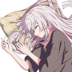  1girl absurdres black_shirt cho_kaguya-hime! closed_mouth colored_inner_hair commentary highres long_hair lying multicolored_hair navel on_side pillow pink_hair purple_nails runami_yachiyo shirt simple_background solo tearing_up thereaakari white_background white_hair 