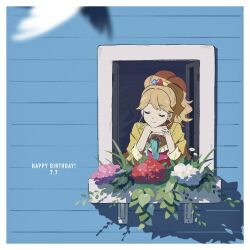  1girl aikatsu! aikatsu!_(series) bird brown_hair closed_eyes commentary_request elbow_rest english_text flower hair_ornament happy_birthday head_rest heart heart_hair_ornament highres koke_(koke7) letter_hair_ornament long_sleeves natsuki_mikuru open_window out_of_frame pink_flower ponytail red_flower shirt sleeves_rolled_up smile solo star_(symbol) star_hair_ornament white_background white_flower window yellow_shirt 