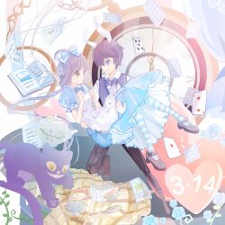  1boy 1girl ace_(playing_card) ace_of_diamonds alice's_adventures_in_wonderland alice_(alice_in_wonderland) alice_(alice_in_wonderland)_(cosplay) animal apron bare_arms black_bow black_pants blanket blue_bow blue_bowtie blue_dress blue_flower blue_pantyhose blue_rose blue_vest book bow bow-shaped_hair bowtie brown_eyes brown_hair brown_shoes card carrying cat cheshire_cat_(alice_in_wonderland) chinese_commentary clenched_hands closed_mouth collared_shirt commentary_request cosplay dated diamond_(shape) dress dress_shoes eye_contact floating_card flower footwear_bow frilled_apron frilled_sleeves frills full_body grey_eyes grey_hair grey_shoes hair_between_eyes hair_rings hand_on_another's_leg happy heart hetero highres lace-trimmed_dress lace_trim long_dress long_sleeves looking_at_another luo_tianyi mary_janes medium_hair miqing open_book pants pantyhose paper parody pinstripe_pattern pinstripe_vest plant playing_card pleated_dress pocket_watch princess_carry puffy_short_sleeves puffy_sleeves purple_cat rose shirt shoes short_hair short_sleeves smile striped_clothes striped_pantyhose suit_pants teapot traditional_bowtie two-tone_pantyhose vest vines vocaloid vsinger_(vocaloid) watch white_apron white_pantyhose white_shirt zhiyu_moke 