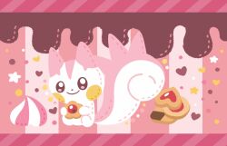  alternate_color animal_focus border brown_eyes chocolate_syrup closed_mouth cookie food full_body heart highres looking_at_viewer no_humans pachirisu pink_background pink_border pink_fur pokemon pokemon_(creature) ririko_(nagareboshi) shiny_pokemon simple_background sitting solo squirrel 