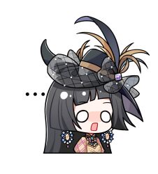  ... 1girl above-cleavage_cutout argyle_clothes argyle_sleeves artist_request asymmetrical_bangs bead_necklace beads black_bow black_hair black_hat blunt_bangs bow chibi clothing_cutout collared_shirt cropped_torso earrings fishnets frown hat hat_bow hat_feather heart_of_the_deep_forest_(infinity_nikki) high_collar infinity_nikki jewelry long_hair necklace nikki_(series) o_o official_art open_mouth puffy_short_sleeves puffy_sleeves shirt short_sleeves solo sticker_(medium) straight_hair sun_hat surprised transparent_background very_long_hair yellow_shirt 