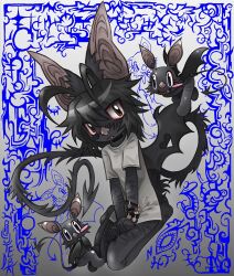  1girl animal_ears animal_nose bat_ears bat_girl bat_nose black_fur black_hair black_tail black_wings blush_stickers closed_mouth demon_tail fang flying full_body furry furry_female gradient_background grey_shirt highres kneeling original polluted_bat scar self-harm_scar shirt sigil single_blush_sticker t-shirt tail wings 