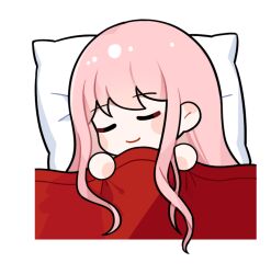  1girl artist_request blush_stickers chibi closed_eyes closed_mouth cropped_torso hair_undone happy infinity_nikki long_hair long_sidelocks lying nikki_(nikki) nikki_(series) official_art on_back on_bed pillow pink_hair sidelocks sleeping smile solo sticker_(medium) transparent_background under_covers very_long_hair wavy_hair 