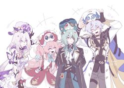  2boys 2girls anaxa_(honkai:_star_rail) aqua_hair aqua_ribbon bare_shoulders beret black_corset black_jacket castorice_(honkai:_star_rail) closed_eyes closed_mouth coat corset creature dress drill_hair eyepatch grey_hair grey_pants hair_between_eyes hair_intakes hat highres honkai:_star_rail honkai_(series) hyacine_(honkai:_star_rail) jacket lapels laughing long_hair long_sleeves looking_at_another multicolored_hair multiple_boys multiple_girls neck_ribbon notched_lapels one_eye_covered open_mouth pants phainon_(honkai:_star_rail) pink_hair puffy_long_sleeves puffy_sleeves purple_hair red_dress red_hat ribbon saden_meow simple_background smile standing twin_drills two-tone_hair white_background white_coat white_sleeves 