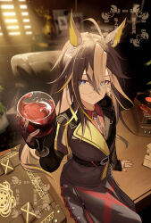  1girl absurdres ahoge animal_ears belt black_belt black_coat blue_eyes book book_stack brown_hair cai_ji_(user_jmrv4342) closed_mouth coat collared_shirt commentary_request cost cup dream_journey_(reminder_of_dreamland)_(umamusume) dream_journey_(umamusume) drinking_glass ear_ornament eyewear_strap gloves hair_between_eyes highres holding holding_cup horse_ears horse_girl horse_tail indoors jewelry long_hair looking_at_viewer multicolored_hair multiple_rings phonograph red_nails red_shirt revision rimless_eyewear ring shirt single_glove sitting sitting_on_table smile solo streaked_hair tail umamusume very_long_hair watermark white_hair window window_blinds wine_glass wooden_desk 