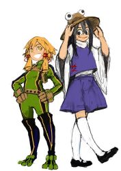  2girls asui_tsuyu black_shoes blonde_hair bodysuit boku_no_hero_academia breasts brown_hat commentary_request cosplay costume_switch full_body green_bodysuit hair_ribbon hands_on_own_hips haruaki_(onkai_planaria) hat kneehighs mary_janes moriya_suwako multiple_girls purple_vest red_ribbon ribbon shoes simple_background skirt skirt_set small_breasts smile socks superhero_costume touhou tress_ribbon vest white_background white_socks wide_sleeves yellow_eyes 