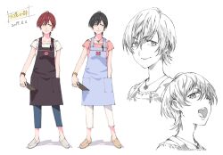  1girl ahoge apron black_apron black_hair blue_apron blue_pants breasts brown_hair brown_shoes commentary_request concept_art dated earrings eyeball_earrings gridman_universe hand_in_pocket highres jewelry mature_female medium_breasts multiple_views neckerchief off-shoulder_shirt off_shoulder official_art pants pen pink_shirt pocket reference_sheet sakamoto_masaru shirt shoes short_hair simple_background smile ssss.gridman t-shirt takarada_orie white_background white_pants white_shirt white_shoes 