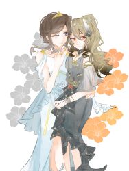  2girls blonde_hair brown_hair butch/femme_couple chest_jewel chinese_commentary commentary_request couple crown dress feather_hair_ornament feathers flower gold_crown grey_dress grey_flower hair_ornament hand_on_another's_waist highres jewelry long_hair mini_crown multiple_girls orange_flower red_eyes saijo_claudine shoujo_kageki_revue_starlight tendo_maya violet_eyes white_background white_dress yuri 