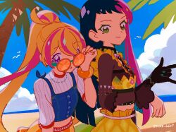  2girls adjusting_eyewear aikatsu!_(series) aikatsu_planet! beach beat_(aikatsu_planet!) black_gloves black_hair blonde_hair blue_shirt blue_sky bracelet closed_mouth clouds commentary_request day gloves green_eyes hana_(aikatsu_planet!) hand_on_eyewear hand_up highres jewelry koke_(koke7) long_hair looking_at_viewer looking_over_eyewear multicolored_hair multiple_girls novelty_glasses ocean outdoors palm_tree pink_hair ponytail shirt skirt sky smile split-color_hair streaked_hair summer sunglasses tree two-tone_hair violet_eyes white_shirt yellow_shirt yellow_skirt 