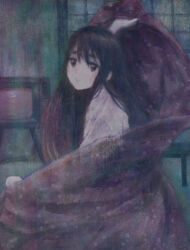  1girl black_eyes black_hair blanket clenched_teeth covering_with_blanket hands_up holding holding_blanket komori_kiri long_hair looking_at_viewer open_mouth painterly pale_skin sayonara_zetsubou_sensei shirt smile solo teeth television thick_eyebrows tseiri under_covers white_shirt window 