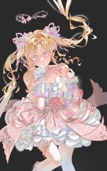  1girl absurdres anjizi42151 arm_bow arm_warmers bare_shoulders bead_necklace beads black_background blonde_hair bow bubble_skirt choker circle_skirt closed_mouth colored_eyelashes cone_hair_bun double_bun dreamtime_bestowed_(infinity_nikki) dress dress_bow eyes_visible_through_hair feet_out_of_frame floating_clothes floating_hair frilled_arm_warmers frills hair_bow hair_bun hair_ornament hair_ribbon halo hand_on_own_cheek hand_on_own_face happy heart heart_hair_ornament highres infinity_nikki jewelry knee_up knees lace-trimmed_choker lace_trim layered_dress leg_ribbon light_blush light_rays lipstick long_hair long_sidelocks looking_at_viewer makeup neck_ribbon necklace nikki_(series) parted_bangs pink_bow pink_dress pink_halo pink_lips pink_ribbon ribbon ribbon_earrings ringlets short_dress sidelocks simple_background skirt sleeveless sleeveless_dress smile solo spaghetti_strap sunlight twintails very_long_hair violet_eyes wavy_hair white_arm_warmers white_choker white_dress wrist_bow 