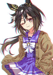  1girl absurdres animal_ears black_hair blush bow bowtie brown_cardigan brown_eyes brown_hair cardigan closed_mouth commentary_request ear_covers hair_between_eyes hands_in_pockets highres horse_ears horse_girl long_hair looking_at_viewer morizu929 multicolored_hair one_eye_closed open_cardigan open_clothes pleated_skirt purple_sailor_collar purple_serafuku purple_shirt purple_skirt sailor_collar sailor_shirt school_uniform serafuku shirt simple_background skirt smile solo stay_gold_(umamusume) streaked_hair tracen_school_uniform umamusume white_background white_bow white_bowtie white_hair 
