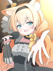  1girl absurdres animal_ear_fluff animal_ears black_dress black_hairband blue_archive blue_eyes blush cat_ears choker commentary dress flower frilled_dress frills hairband hat hat_flower headband highres holding holding_microphone idol long_hair looking_at_viewer mari_(blue_archive) mari_(idol)_(blue_archive) microphone official_alternate_costume orange_hair petako_(ptpt_k) reaching reaching_towards_viewer ribbon smile solo top_hat twintails yellow_flower yellow_ribbon 