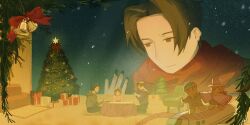  1girl 2boys absurdres ace_attorney apollo_justice:_ace_attorney bell christmas_present christmas_tree closed_mouth commentary_request gift gingerbread_man highres kizu_(gozenreiji010) looking_down looking_inside miles_edgeworth multiple_boys phoenix_wright short_hair snowing trucy_wright winter 