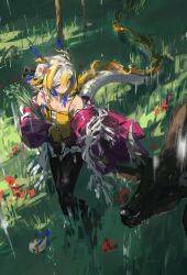  1girl arknights blonde_hair braid breasts chinese_hairpin choker closed_mouth collarbone dragon_bean_(arknights) dragon_horns dragon_tail eastern_dragon_horns eastern_dragon_tail hair_intakes highres horns jacket jewelry long_hair long_sleeves loong_(loong_blo) official_alternate_costume official_alternate_hairstyle pants pointy_ears purple_jacket purple_pants shirt shu_(arknights) shu_(spring_feast)_(arknights) small_breasts solo tail tree unfinished very_long_hair wide_sleeves yellow_choker yellow_shirt 