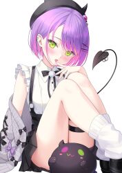  1girl absurdres beret bibi_(tokoyami_towa) black_bow black_bowtie black_hat black_shoes black_skirt bob_cut bow bowtie cable_knit cardigan cardigan_partially_removed collared_shirt commentary cross cross-laced_clothes cross-laced_sleeves cross_earrings demon_girl demon_tail earrings fake_horns frilled_shirt frilled_sleeves frills gradient_hair green_eyes grey_cardigan hand_up hat heart heart_earrings high-waist_skirt highres hololive horned_headwear horns jewelry jirai_kei knees_up kotone_neruneru looking_at_viewer loose_socks miniskirt multicolored_hair official_alternate_costume official_alternate_hairstyle open_mouth piercing pink_hair pleated_skirt pointy_ears pom_pom_(clothes) purple_hair shirt shoes short_hair short_sleeves simple_background sitting skirt socks solo suspender_skirt suspenders tail tail_ornament tail_piercing tokoyami_towa tokoyami_towa_(jirai_kei) virtual_youtuber white_background white_shirt white_socks 