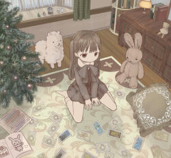  1girl bare_legs black_dress black_eyes black_hair black_ribbon book bow bowtie card carpet christmas_ornaments christmas_tree collar collared_shirt colored_pencil coloring_book curtains dot_nose drawer dress expressionless full_body hands_on_floor lamp long_hair long_sleeves original pencil pillow ribbon shiromomo_sofuto shirt sitting socks solo stuffed_alpaca stuffed_animal stuffed_rabbit stuffed_toy tarot tarot_card the_emperor_(tarot) the_fool_(tarot) the_star_(tarot) twintails wariza white_collar white_socks wooden_floor 