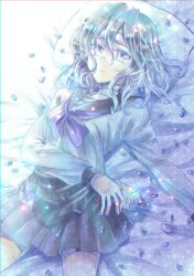  1girl bandaged_head bandaged_neck bandages grey_eyes grey_hair hasumi_hiko juusan_kihei_bouei_ken lying medicine medicine_bottle medium_hair on_back pill pillow school_uniform serafuku shinonome_ryouko_(juusan_kihei_bouei_ken) skirt solo 