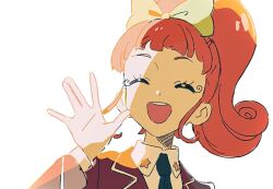  1girl :d ^_^ aikatsu! aikatsu!_(series) blunt_bangs bow closed_eyes collared_shirt commentary_request etoile_academy_school_uniform facing_viewer hair_bow hand_up jacket koke_(koke7) kurisu_kokone long_hair necktie open_hand open_mouth orange_hair ponytail red_jacket school_uniform shirt sidelighting simple_background smile solo star_(symbol) upper_body waving white_background white_shirt 