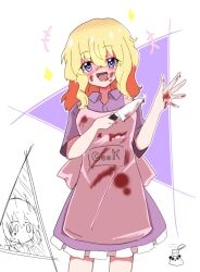  2girls apron blonde_hair blood blood_on_clothes blood_on_face blood_on_hands blood_on_knife blush bone_vone bow collared_dress collared_shirt commentary_request cowboy_shot dress hair_bow highres holding holding_knife instant_cup_noodles instant_noodles knife maribel_hearn medium_hair multiple_girls nervous_sweating o_o panda purple_dress shirt short_sleeves smile solo_focus sweat touhou triangle_background usami_renko violet_eyes white_background 