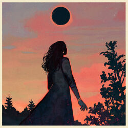  1girl analogous_colors black_hair black_sun border bracelet clouds cloudy_sky colorful_cloudy_sky dress earrings floral_print floral_print_dress from_behind jewelry jmfenner91 long_hair looking_up orange_clouds orange_outline orange_sky original outdoors outline pine_tree print_dress scenery sky solo standing star_(sky) star_(symbol) star_earrings starry_sky sun sunset three-quarter_sleeves tree warm_colored wavy_hair yellow_border 