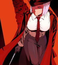  1girl absurdres bolzhedor breasts closed_mouth coat coat_on_shoulders collared_shirt commentary concealed_weapon english_commentary gloves hat highres holding holding_weapon mole mole_above_mouth necktie orange_eyes original pants pile_of_skulls red_necktie shirt skull solo sword_cane weapon white_hair 