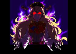  1girl angry black_background black_dress black_hat blonde_hair blood blood_from_eyes breasts chinese_clothes commentary_request crescent dalachi_(headdress) dress fire hair_between_eyes hat highres junko_(touhou) korean_commentary long_hair long_sleeves lovelobten no_mouth no_pupils purple_fire red_eyes solo tabard touhou very_long_hair wide_sleeves 