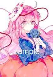  1girl absurdres blue_flower bubble_skirt closed_mouth commentary_request flower fox_mask green_shirt hair_between_eyes hata_no_kokoro highres holding holding_flower hydrangea long_hair long_sleeves looking_at_viewer mask mask_on_head orange_skirt pink_eyes pink_hair plaid_clothes plaid_shirt sample_watermark seiryo0425 shirt skirt solo touhou very_long_hair watermark white_background wide_sleeves 