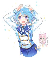  2boys :d ahoge angry animal_ears arms_up blue_hair blue_pants blue_ribbon blush cat_ears clenched_hand commentary_request confetti cowboy_shot cropped_legs cropped_torso dolman_(jacket) ensemble_stars! fake_animal_ears green_eyes headset highres himemiya_tori jacket long_sleeves male_focus multiple_boys neck_ribbon neckerchief open_mouth pants pink_hair pink_sailor_collar rabbit_pose ribbon sailor_collar shino_hajime shirt short_hair short_hair_with_long_locks short_sleeves shoulder_boards smile tamano_mayo translation_request violet_eyes white_jacket white_shirt yellow_neckerchief 