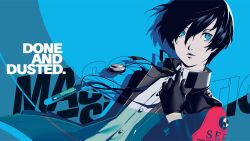  1boy absurdres all-out_attack armband black_gloves black_ribbon blue_background blue_eyes blue_theme buttons closed_mouth collared_shirt company_name copyright_name english_text gloves gradient_background hair_between_eyes headphones headphones_around_neck highres jacket male_focus neck_ribbon official_art open_clothes open_jacket persona persona_3 persona_3_reload red_armband ribbon s.e.e.s shimada_azusa shirt short_hair solo text_background yuuki_makoto_(persona_3) 