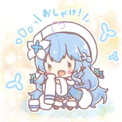  1girl :d ahoge beret blue_hair blue_jacket blue_skirt blush_stickers boots brown_boots brown_eyes chibi choko_(cup) commentary_request cup fang flower fur-trimmed_boots fur-trimmed_jacket fur-trimmed_sleeves fur_trim gradient_hair hair_between_eyes hair_flower hair_ornament hat heart heart_ahoge highres holding hololive jacket long_hair long_sleeves mitarashi_neko multicolored_hair notice_lines open_clothes open_jacket outstretched_arms pink_hair pleated_skirt skirt smile solo standing streaked_hair tokkuri translation_request very_long_hair virtual_youtuber white_flower white_hat wide_sleeves yukihana_lamy yukihana_lamy_(1st_costume) 