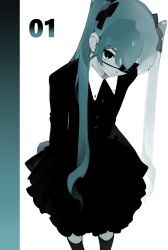  1girl absurdres alternate_costume black_dress black_eyes black_thighhighs bow closed_mouth collared_dress dress eyepatch hair_bow hatsune_miku highres long_hair long_sleeves looking_at_viewer sidelocks solo thigh-highs twintails vocaloid zhi_xu_liming 