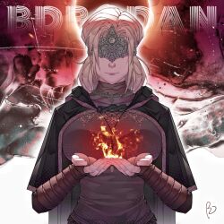  1girl 2025 black_robe blonde_hair closed_mouth commentary_request covered_eyes dark_souls_(series) dark_souls_iii eclipse eye_mask fire fire_keeper fromsoftware jewelry mask necklace robe signature solo wristband y1422807535 