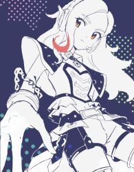  1girl aikatsu! aikatsu!_(series) belt bracelet chain commentary_request detached_collar frilled_shirt frills idol_clothes jewelry koke_(koke7) kurosawa_rin long_hair midriff multicolored_hair partially_colored purple_background red_streaks shirt shorts solo streaked_hair 