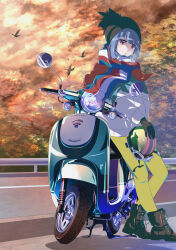  1girl absurdres beanie bird black_gloves black_hat blue_hair blue_scarf breath clouds cloudy_sky full_body gloves goggles goggles_on_headwear green_jacket green_pants hat helmet highres holding holding_unworn_helmet honda honda_metropolitan jacket miree_030 motor_vehicle multicolored_jacket multicolored_scarf open_mouth outdoors pants pom_pom_(clothes) pom_pom_beanie red_scarf road scarf scooter shima_rin sky solo striped_clothes striped_scarf sunset tree two-tone_jacket unworn_headwear unworn_helmet violet_eyes white_jacket white_scarf yurucamp 