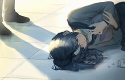  1boy 1girl bandaged_head bandages blue_eyes blue_hair commentary_request expressionless juusan_kihei_bouei_ken lying maym2778 medicine_bottle on_side pill school_uniform serafuku shadow shinonome_ryouko_(juusan_kihei_bouei_ken) solo_focus tile_floor tiles 