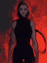  1girl black_eyeliner black_eyeshadow braid braided_ponytail brown_eyes brown_hair cowboy_shot embers eyeliner eyeshadow floating_hair highres lara_croft looking_at_viewer makeup mascara parted_lips red_light solo tahkome tomb_raider turtleneck 