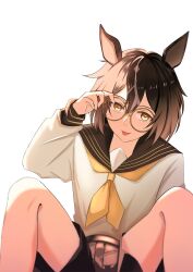  1girl :p absurdres alternate_costume animal_ears bespectacled black_shorts black_skirt blurry blurry_foreground brown_hair commentary_request glasses hair_between_eyes highres horse_ears horse_girl horse_tail long_sleeves misha_94 multicolored_hair neckerchief round_eyewear sailor_collar school_uniform shorts simple_background skirt smile solo stay_gold_(umamusume) streaked_hair tail tongue tongue_out umamusume white_background white_hair yellow_eyes yellow_neckerchief 