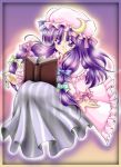  arm_support book cloak crescent hat long_hair patchouli_knowledge purple_eyes purple_hair ribbon sitting solo touhou usami_osusuke 