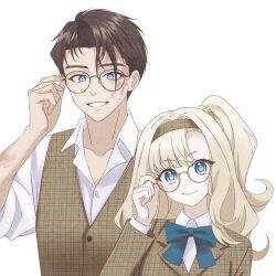  1boy 1girl adjusting_eyewear alternate_costume blazer blonde_hair blue_bow blue_bowtie blue_eyes bow bowtie brown_hair brown_jacket brown_vest burn_scar closed_mouth commentary_request glasses grin hand_on_eyewear j_(reverse:1999) jacket looking_at_viewer matilda_bouanich medium_hair milmil7 one_side_up plaid_clothes plaid_jacket plaid_vest reverse:1999 round_eyewear scar scar_on_arm scar_on_face shirt short_hair smile upper_body vest white_background white_shirt 