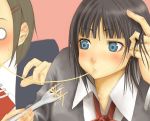  bad_id black_hair blue_eyes blush eating embarrassed food fork okiru school_uniform shared_food spaghetti 