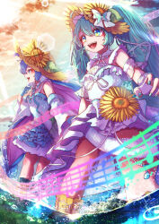  2girls absurdres aqua_eyes aqua_hair aqua_nails blush bow brown_hat commentary_request cowboy_shot double-parted_bangs dress fingerless_gloves fingernails flower gloves hair_between_eyes hat hat_bow hat_flower hat_ornament hatsune_miku highres lapi-p leaf_hat_ornament long_hair looking_at_viewer magical_mirai_(vocaloid) magical_mirai_miku magical_mirai_miku_(2026) multiple_girls nail_polish open_mouth otomachi_una shirt sleeveless sleeveless_dress solo sunflower twintails very_long_hair vocaloid white_bow white_dress white_gloves white_shirt yellow_eyes yellow_flower 