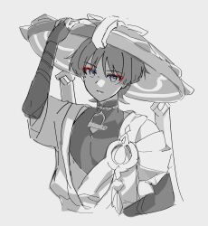  1boy absurdres anthemspices arm_at_side armor blunt_ends bodysuit bridal_gauntlets bright_pupils choppy_bangs commentary cropped_torso english_commentary eyeliner feathers genshin_impact greyscale hand_up highres japanese_armor japanese_clothes juban kimono kote looking_at_viewer makeup male_focus mandarin_collar middle_ring monochrome open_clothes open_kimono parted_lips pom_pom_(clothes) red_eyeliner scaramouche_(genshin_impact) shoulder_peek side_cape solo spot_color tilted_headwear tsurime violet_eyes vision_(genshin_impact) wanderer_(genshin_impact) white_background white_pupils 