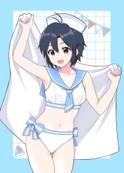  absurdres antenna_hair bikini black_hair blue_border blue_ribbon blue_sailor_collar border bra commentary_request grid_background hat highres holding holding_towel idolmaster idolmaster_(classic) kikuchi_makoto looking_at_viewer parted_bangs ribbon sailor_bikini sailor_collar sailor_hat sailor_swimsuit_(idolmaster) sidelocks smile swimsuit towel underwear violet_eyes white_trim yonekura_ryo_(ryokakat0801) 